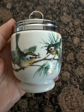 Royal Worcester Porcelain Egg Coddler with Hand-Painted Green and Yellow Birds